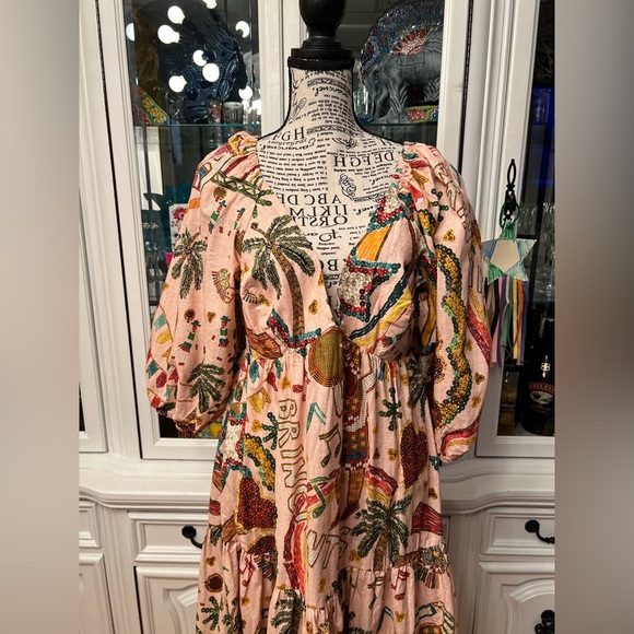 FARM Rio Pink Ruffled Tropical Print Tiered Maxi Dress Balloon Sleeves L - Picture 2 of 13